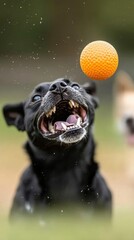 Barking dog chasing after a ball while socializing with other dogs in a park, energetic and joyful scene.