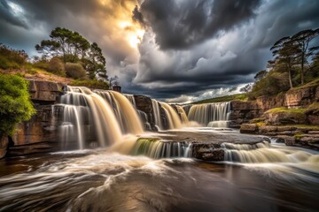 Obraz premium dramatic Blencoe Falls in January under stormy sky, fast shutter speed, and panning technique to freeze water flow, with dark moody tones and misty atmosphere