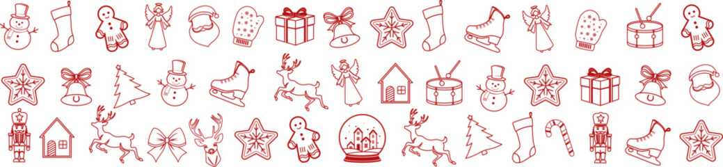 Fototapeta premium Christmas elements set icons design. Christmas collection of bells, santa, deer, angel, nutcracker, cookies, showman, snowstar, drums, mitten, candy, sock, tree