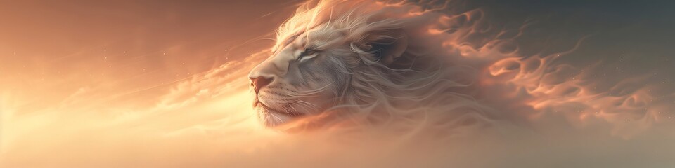Majestic white lion with flowing mane emerges from a fiery sunset sky. Symbolizing strength and freedom in the wild. Panoramic header with nature's king
