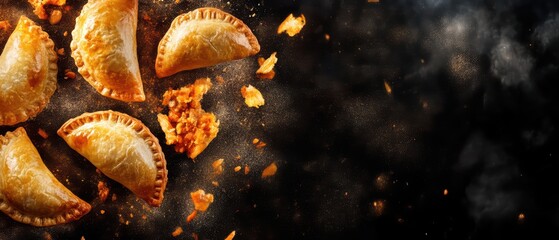 Delicious homemade pastries scattered on a dark background, showcasing flaky crust and golden filling.