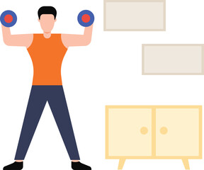 Boy exercising with dumbbells.