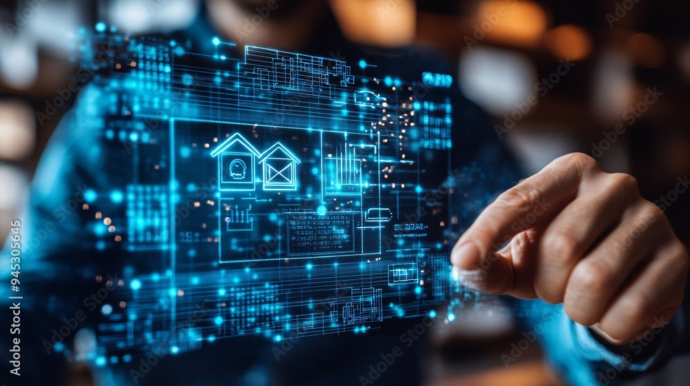 Poster homeowner using a 3d hologram to monitor home security and climate control stock photo with copy spa