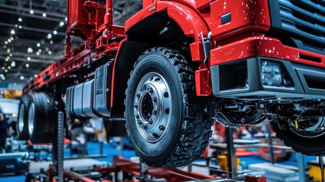 Truck on a lift at a truck service station. close-up of a car's undercarriage. - Powered by Adobe