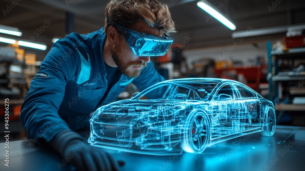 Aufkleber mechanic using a 3d hologram to analyze car engine performance in a high-tech auto shop stock photo 