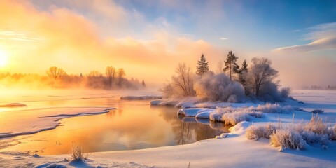 Mysterious dawn breaking over frozen tundra shores with misty fog rolling in, soft pastel hues, and gentle golden light.