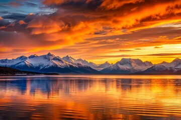 Serenene sunset with warm orange hues, soft ripples on calm waters, and majestic snow-capped mountains fading into the horizon.