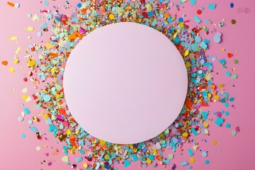 Colorful celebration background with party confetti on pink back