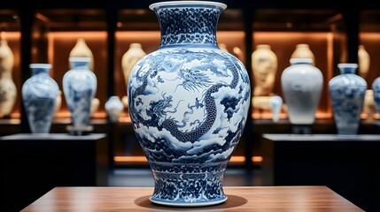 Ming dynasty vase intricately decorated with traditional dragons and clouds, housed in a modern museum, blending ancient art with contemporary design