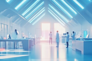 Fototapeta premium Futuristic laboratory with scientists working, illuminated by vibrant blue lights, showcasing advanced technology in a creative space.