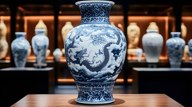 Ming dynasty vase intricately decorated with traditional dragons and clouds, housed in a modern museum, blending ancient art with contemporary design