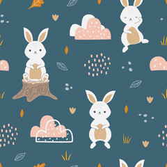 PrintSeamless pattern on navy blue background with cute rabbit in the forest. Forest animal background for kid. For fabric, wallpaper, wrapping paper, kids apparel, baby product. Vector illustration