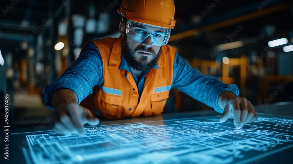 Poster engineer using a 3d holographic display to guide the repair of industrial machinery stock photo with