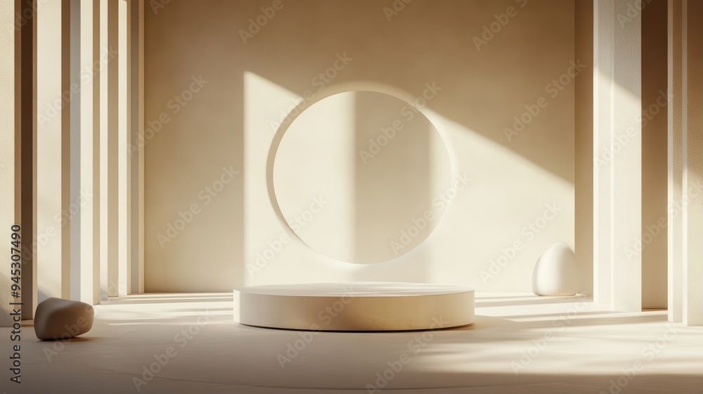 Poster minimalistic space featuring a circular element and soft lighting, perfect for showcasing products o