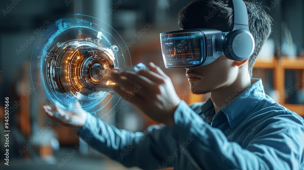 Poster engineer using a 3d holographic display to guide the repair of industrial machinery stock photo with
