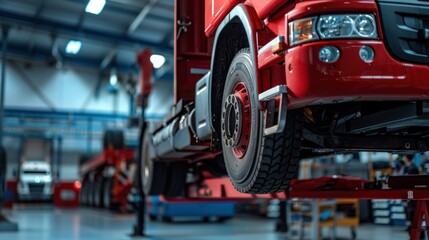 Truck on a lift at a truck service station. close-up of a car's undercarriage.
