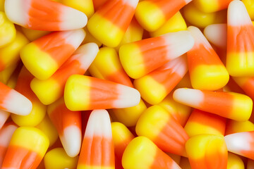 close up view of pile of colorful candy corn background. Generative Ai.