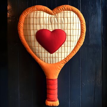 **A shaped pillow very floppy and puffy, big dimensions, soft texture, that is shaped as a tanis and heart frame, with a fun and cute icon inside the frame, on a bed 