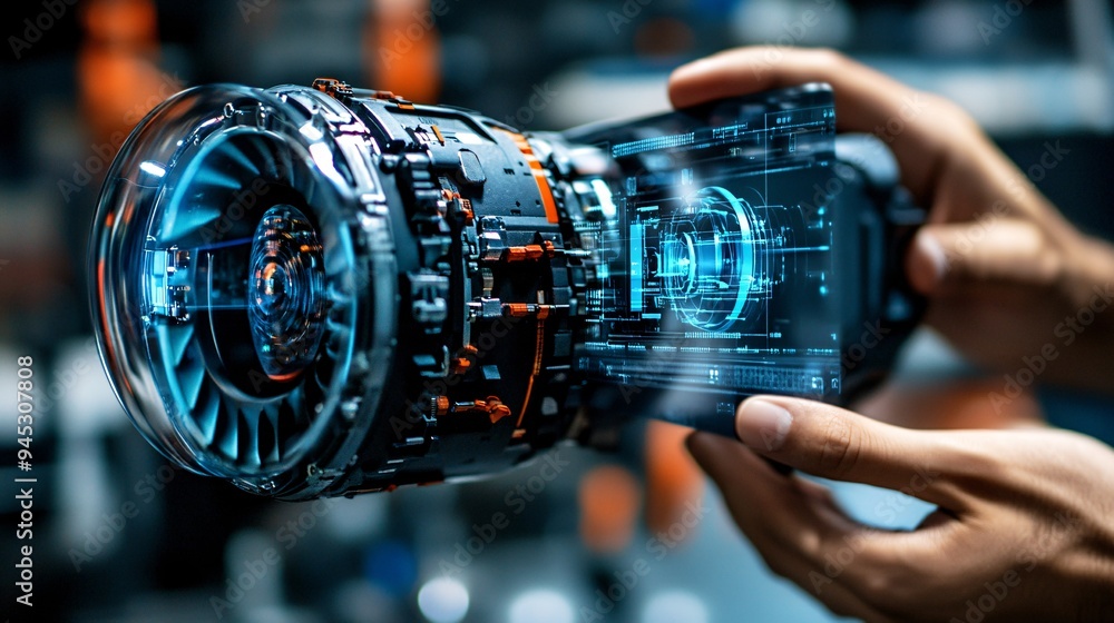 Poster engineer using a 3d holographic display to guide the repair of industrial machinery stock photo with