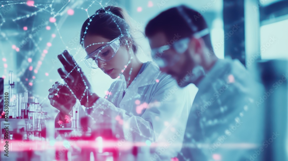Poster scientists working in a modern laboratory, analyzing samples with precision instruments and advanced