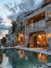 luxurious, modern stone villa built into a rocky hillside. The structure features large, open glass windows and a sleek infinity pool reflecting the warm lights emanating from the villa.