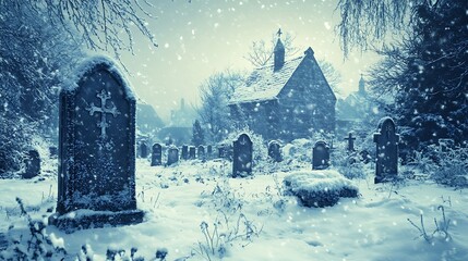 Eerie Phantom Apparitions in Snow-Covered Graveyard - Halloween Night Scene with Cold, Desolate Atmosphere