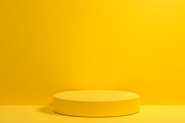 minimalist display with a vibrant yellow background and matching yellow circular pedestal on slightly raised platform. Generative Ai.