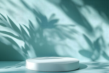 Minimalist white circle podium on light teal background with soft light rays and subtle leaf shadows. Generative Ai.