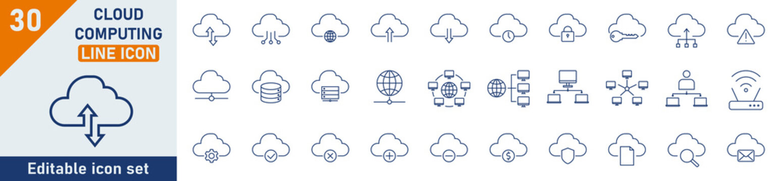 Cloud computing web line icon set. Set of 30 outline icons related to cloud technology, data center, connection network, digital service, database platform, collection. Vector illustration.