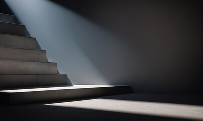 Obraz premium A beam of light shines down on concrete stairs in a dark room