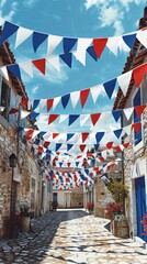 Blue white red french flags patriotic garlands decorating a village square, July 14 party, National Day celebration panoramic web banner