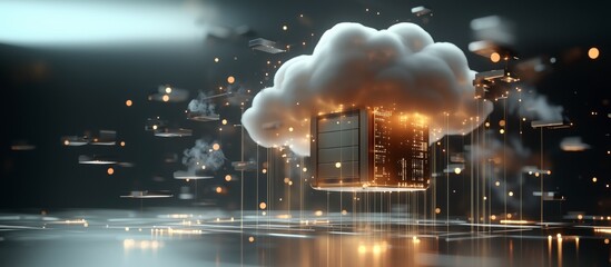 Dark Background with Clouds and Metallic Server Concept, Black and Gold Style, Cloud Computing Network Equipment, Data Storage, AI Deep Learning, Data Connectivity, IT Solutions, Internet Security