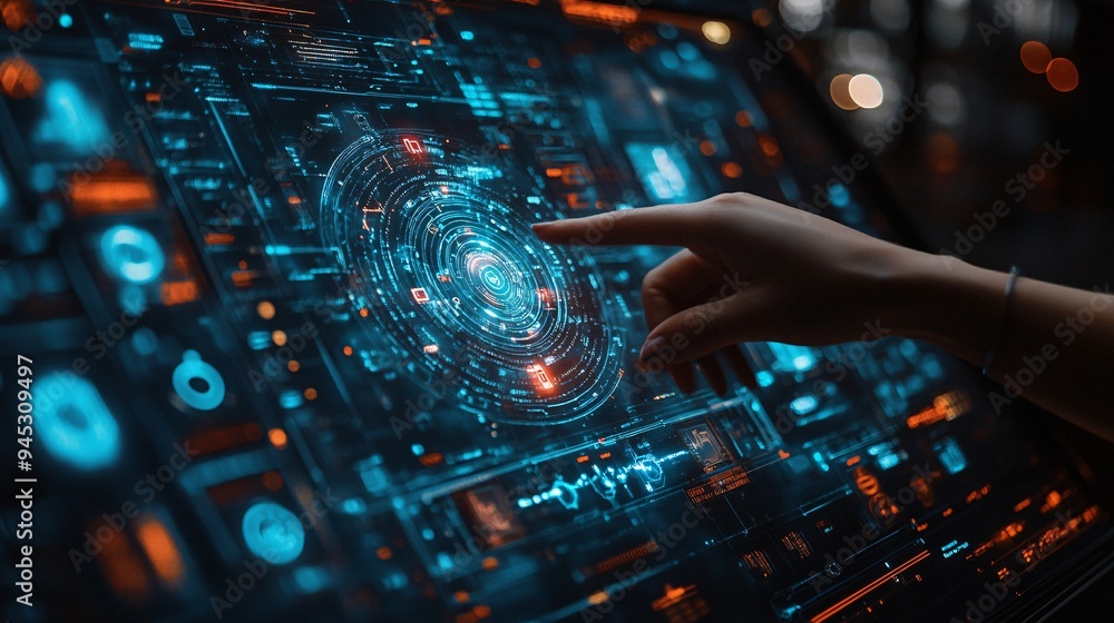 Aufkleber Homeowner interacting with a 3D holographic home automation system to control various devices Stock Photo with copy space