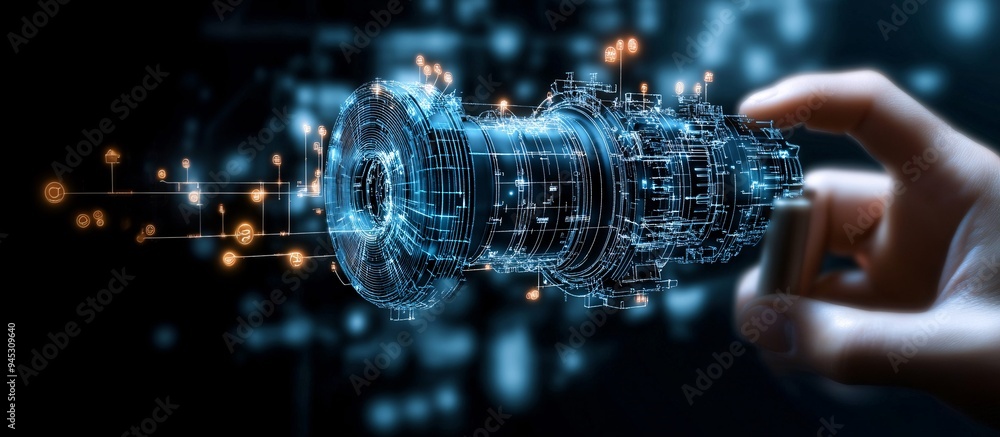 Poster Engineer utilizing a 3D holographic blueprint for machinery assembly and troubleshooting Stock Photo with copy space