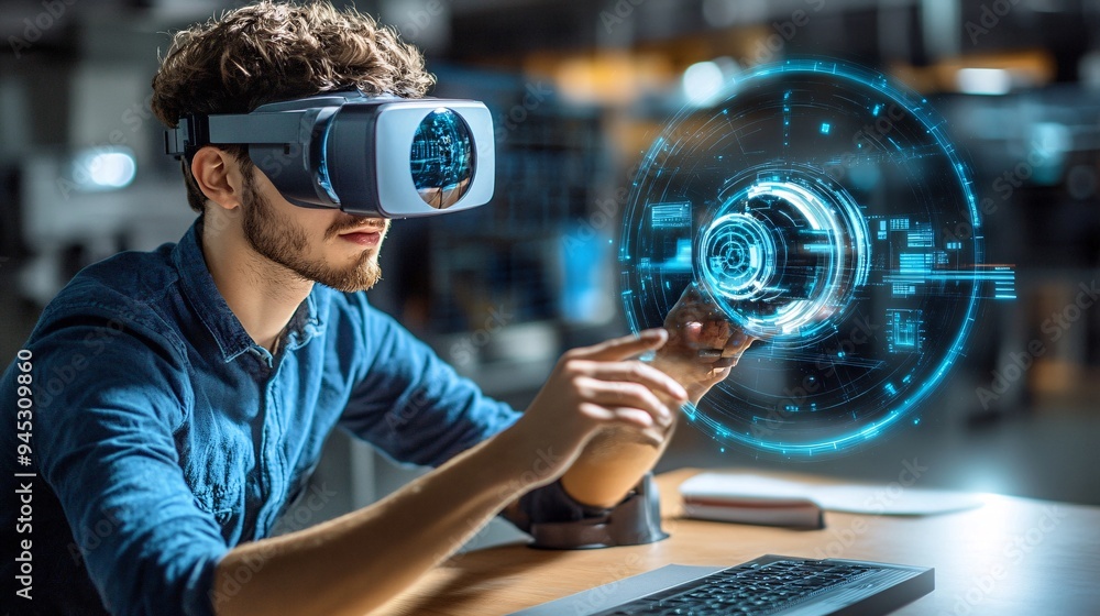 Poster technician using a 3d hologram to visualize and repair complex industrial equipment stock photo with