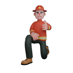 Firefighting 3D Illustration. A firefighter kneels confidently, giving a thumbs-up gesture. Professional Male Firefighter