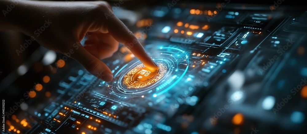 Poster Homeowner adjusting home automation settings using a 3D holographic interface in a smart home Stock Photo with copy space