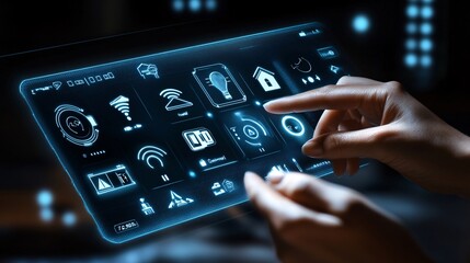 Homeowner adjusting home automation settings using a 3D holographic interface in a smart home Stock Photo with copy space