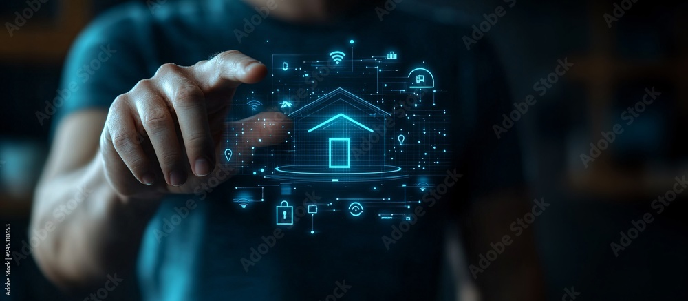 Poster homeowner using a 3d hologram to manage home energy consumption and security systems stock photo wit