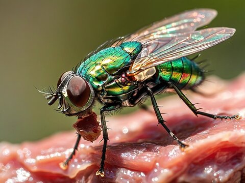 A close-up view of a green bottle fly feeding on raw meat.