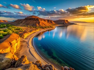 Naklejka premium Dramatic low-angle capture of Lake Turkana, rugged outcrops, deep blues, and warm golden sand in the fading evening light