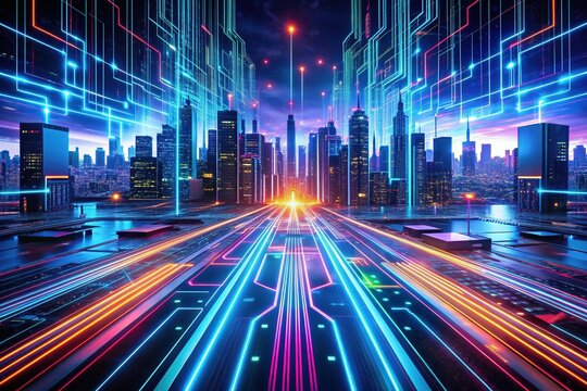 Fast-paced digital landscape with neon-lit circuit boards, swirling data streams, and streaking futuristic lights, conveying rapid technological advancement and blistering velocity.