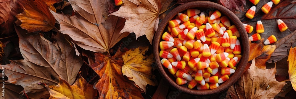 Canvas Prints Close-up view of a bowl filled with candy corn amidst seasonal foliage.