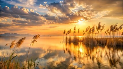 Fototapeta premium Golden hour serenity on Lake Turkana's shores, soft peach tones, wispy clouds, and delicate reed silhouettes in a tranquil, dreamy ambiance