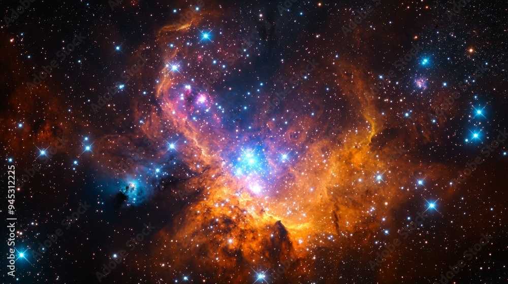 Poster cluster of stars surrounded by colorful gas clouds in deep space