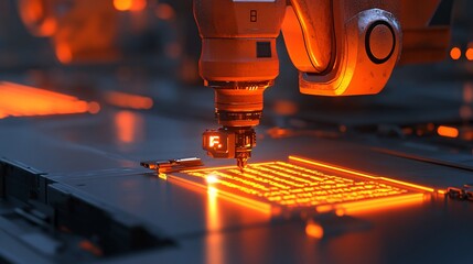Technician repairing industrial equipment with a 3D hologram guiding the process Stock Photo with copy space