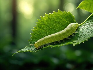 Fototapeta premium A green caterpillar crawls on a large green leaf in the forest.