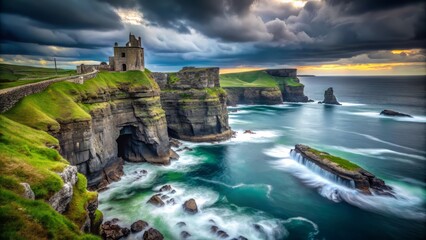 Fototapeta premium Gloomy atmospheric Irish coastal scenery featuring windswept cliffs, rocky shores, and medieval castle remnants, sidelight, cool pastel hues, high-contrast, fast shutter speed.