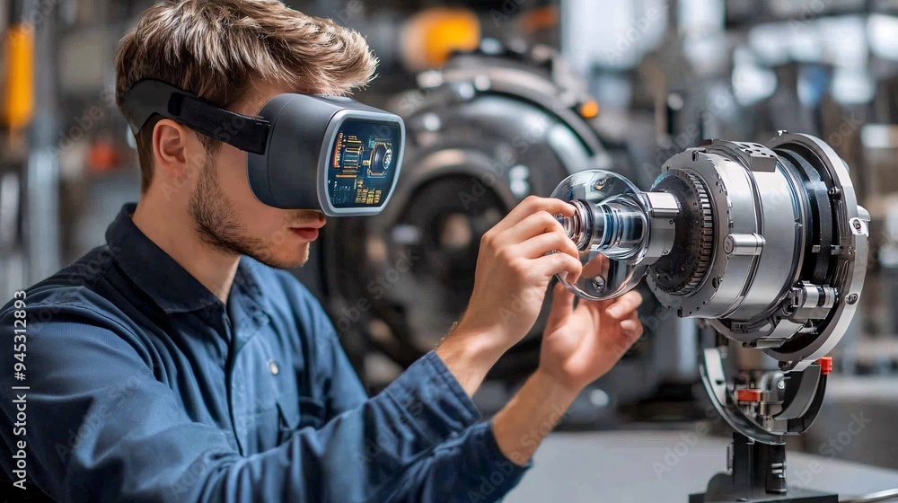 Poster engineer using a 3d holographic display to guide the repair of complex industrial machinery stock ph