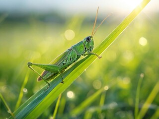 A green grasshopper sits on a blade of grass in a field, with the sun shining behind it.